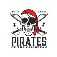 Caribbean pirates icon with skull and crossed sabers. Vector emblem with jolly roger in eye patch and bandana. Filibusters toothy sailor skeleton head, isolated vintage label, graphic design element