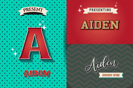 name Aiden in various Retro graphic design elements, set of vector Retro Typography graphic design illustration