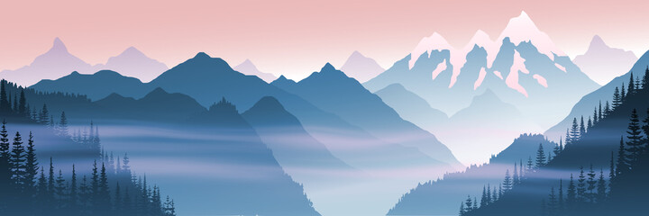 Mountain landscape, morning view, fog in the gorge. Vector illustration, banner.