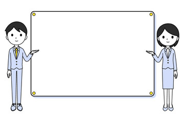 ボードの前で案内するスーツを着た男性と女性