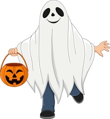 Cartoon kid wearing halloween ghost costume holding pumpkin basket