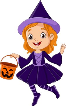 Cartoon girl wearing halloween witch costume holding pumpkin bucket
