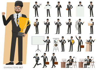 Set of businessman character vector design. Presentation in various action with emotions, running, standing and walking. People working in office planning, thinking and economic analysis.