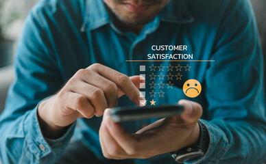 Customer Experience dissatisfied Concept, Unhappy Businessman Client with Sadness Emotion Face on smartphone screen, Bad review, bad service dislike bad quality, low rating, social media not good.