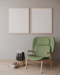 Mockup de dos cuadros con marcos de madera sobre pared gris con una silla moderna, 3d render