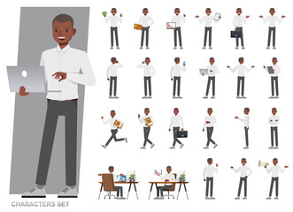 Set of businessman character vector design. Presentation in various action with emotions, running, standing and walking. People working in office planning, thinking and economic analysis.
