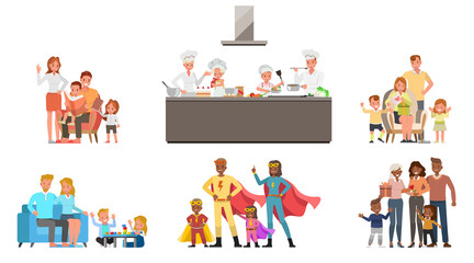 Set of Happy family people mother, father, grandparents and children together character vector design. Presentation in various action with emotions, running, standing and walking.