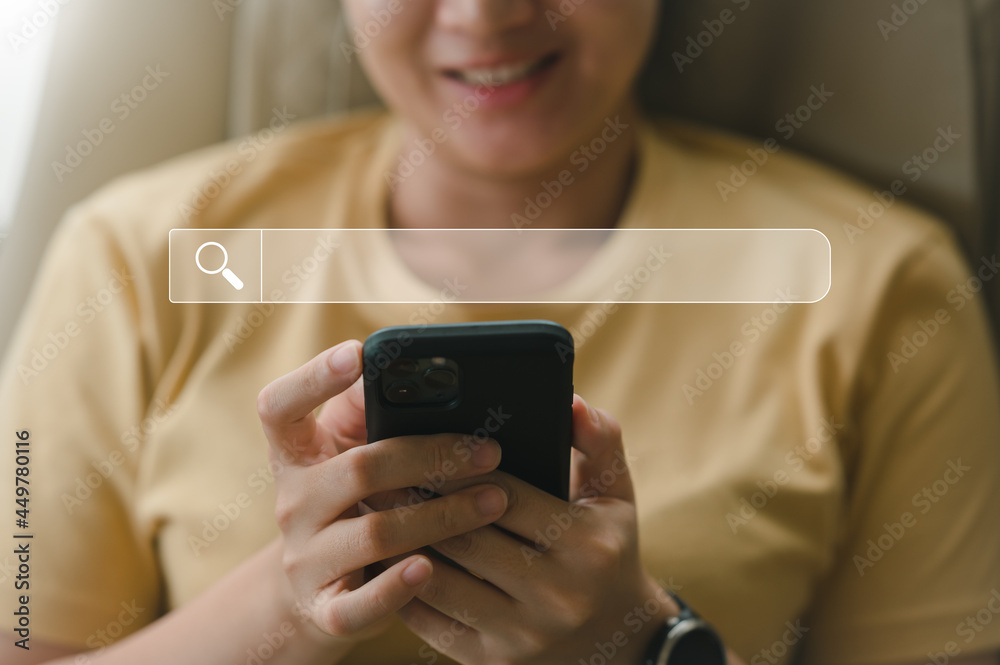 Poster Searching information data on internet networking concept, Women use smartphones to search and find what they are interested in.