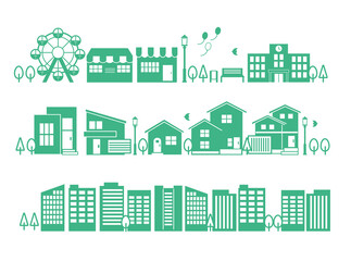 シンプルでかわいい街並みのベクターイラスト素材／家／住まい／シルエット