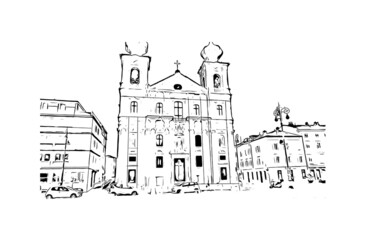 Building view with landmark of Gorizia is the 
town in Italy. Hand drawn sketch illustration in vector.
