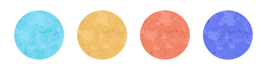 Set of watercolor circles multicolored. Containing sky blue, brown golden, peach pink and purple colors.