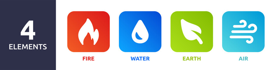 4 elements of nature symbols, containing fire, water, earth and air icon.