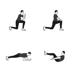 Hombre entrenando, diferentes posiciones o ejercicios. Gimnasio, fortalecer el cuerpo. Persona entrenando en casa. Ilustración vectorial