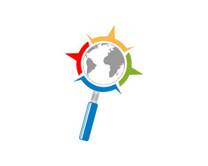 Globe in the magnifying glasses vector logo