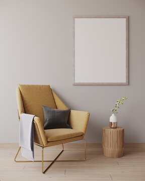 Mockup para cuadro con marco de madera sobre pared con sillón moderno