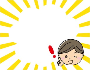 集中線01_10（吹き出しつきのオレンジの集中線と指を差す男の子）