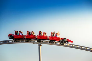 Foto op Plexiglas Close up view of a modern formula1 style roller coaster  © panosk18