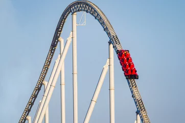 Zelfklevend Fotobehang Close up view of a modern formula1 style roller coaster  © panosk18