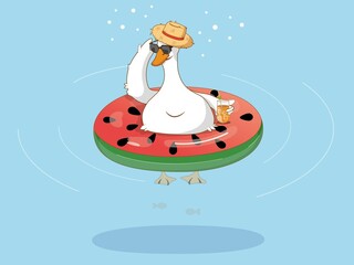 Illustration on the theme of vacation. A white goose in a hat and glasses swims in the pool on an inflatable circle in the form of a watermelon with a glass of orange juice in his hand.