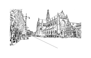 Building view with landmark of Haarlem is the 
city in the Netherlands. Hand drawn sketch illustration in vector.