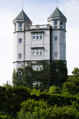 The symbol tower towering over the rose garden