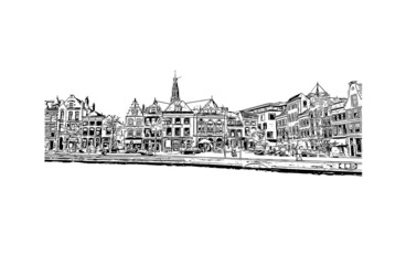 Fototapeta na wymiar Building view with landmark of Haarlem is the city in the Netherlands. Hand drawn sketch illustration in vector.