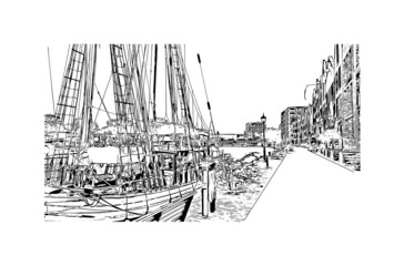 Building view with landmark of Haarlem is the 
city in the Netherlands. Hand drawn sketch illustration in vector.