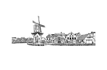 Building view with landmark of Haarlem is the 
city in the Netherlands. Hand drawn sketch illustration in vector.