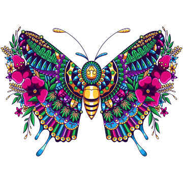 Butterfly Mandala Zentangle Illustration and Tshirt design Premium vector