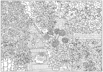 Black and white coloring page with flowers and vintage garden objects,  flowerbed with petunia and geranium in pots, gardening tools.