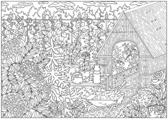 Black and white coloring page with flowers and vintage garden objects, greenhouse and gardening tools.