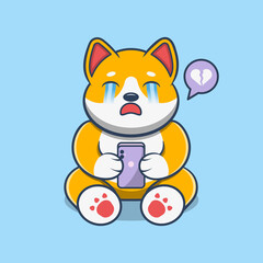 Cute Shiba Inu Dog Holding a Smartphone And Crying Cartoon Vector Icon Illustration