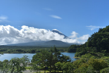 精進湖から見た富士山の前を流れる雲（長時間露光）