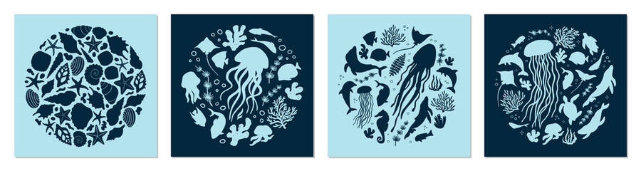 Set of posters with marine life. Abstract illustration of summer time concept. Underwater set of silhouettes. .Flat vector illustration. Card templates