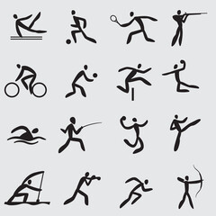 Fototapeta na wymiar Sports icons, sports. Summer sports. Gymnastics, archery, cycling, fencing, boxing and others. Silhouettes of humanoids