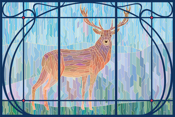 Stained glass window deer with antlers on a blue-green beautiful background. Drawing from pieces in a stylish Art Nouveau frame. Vector graphics