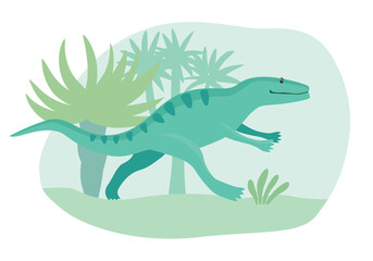 Turquoise cartoon cute dinosaur running through primeval forest. Vector graphics