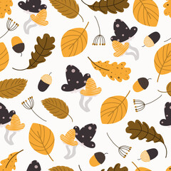 autumn trees pattern. Leaf fall seamless background. Stylized leaves of oak, beech, birches. Ripe mushrooms and acorns. Versatile design for fabric, digital paper, scrapbooking. Vector illustration