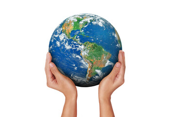 Hand holding blue earth isolated on white background. (Clipping path) (Elements of this image furnished by NASA.)