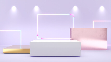 White rectangular stand On the purple back,neon light,mock up podium for product presentation,3D rendering