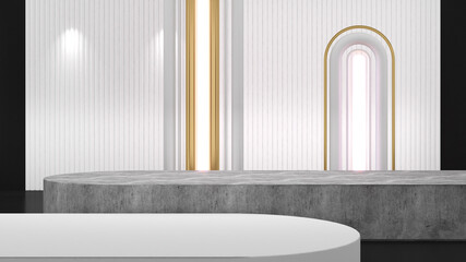 White pedestal on white back flap neon light gold frame,mock up podium for product presentation,3D rendering