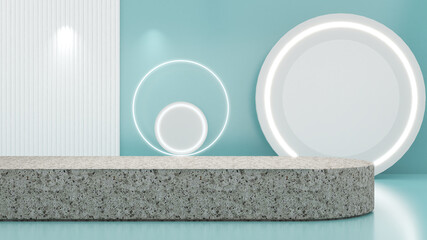 Gray stone plinth on blue background with neon light circles,mockup stand for product presentation,3d rendering