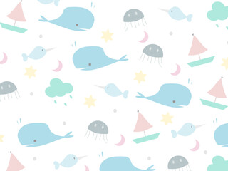 Vector seamless pattern with a cute whale on a white background. Animal character illustration 