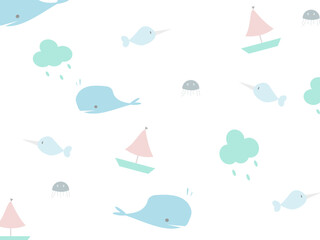Vector seamless pattern with a cute whale on a white background. Animal character illustration 