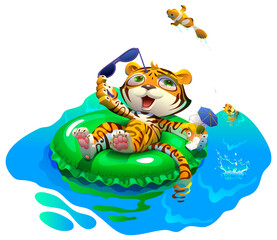 Obraz na płótnie Canvas Cute tiger cub swim on an inflatable circle and drink cocktail summer vacation. 2022 year of water tiger