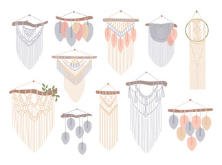 Set of macrame wall hangings. Boho style cord wall decor. Handmade knitted decoration, diy handcraft. Hand drawn vector illustration in flat style. Isolated background. - obrazy, fototapety, plakaty