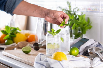 Mixologist making refreshing cocktail with hard seltzer at home