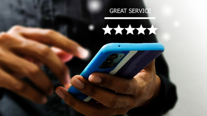 Customer Experience for Goods services Concept, Best Excellent Services Rating for Satisfaction present by hand of Client pressing Five Star and smile face.