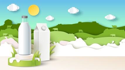 Milk bottle on podium, carton pack mockups, paper cut field, cow silhouettes, vector illustration. Natural dairy product