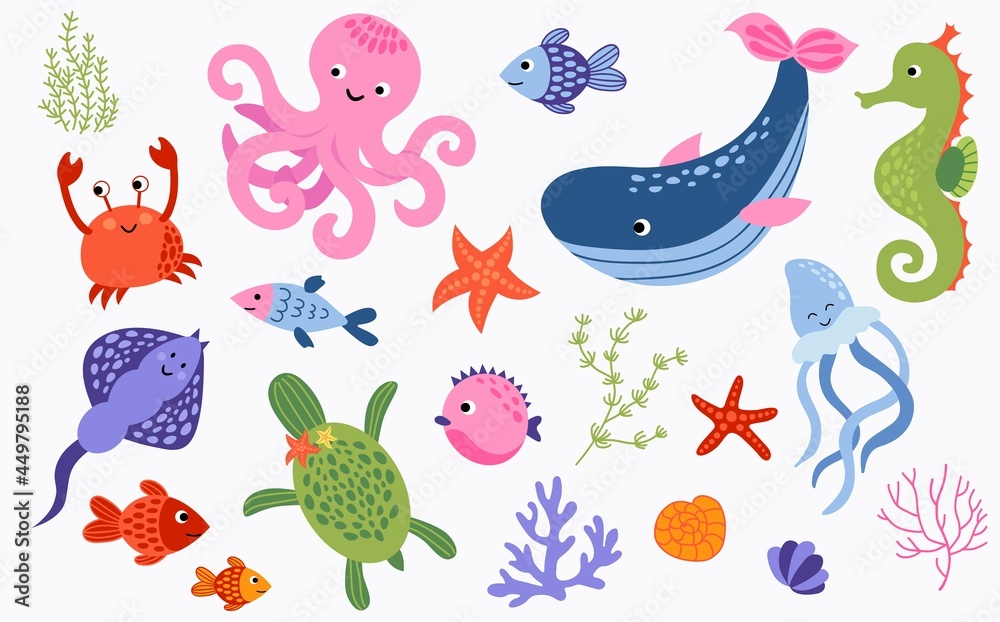 Wall mural hand-drawn set of inhabitants of the underwater world. white background, isolate. vector illustratio